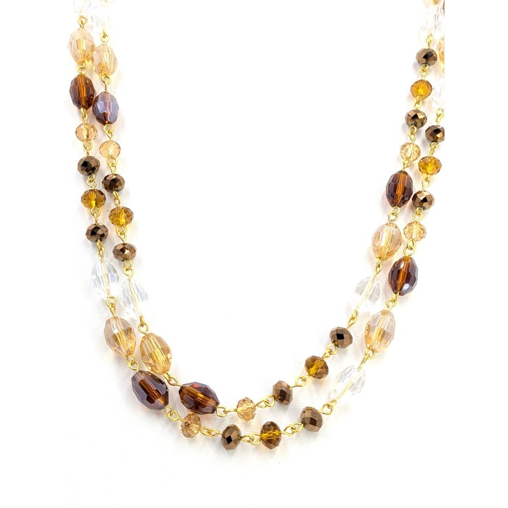 Joan Rivers Long Necklace Amber Brown Clear Faceted Station Bead Necklace 63in